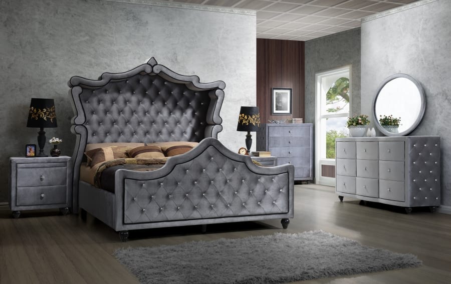 Hudson Grey Velvet Canopy Bed - Luchy Amor Furniture