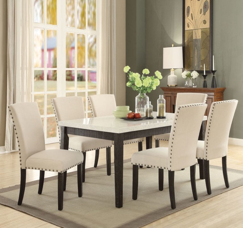 72850 Nolan 7 Pieces White Faux Marble Top Dining Table Set - Luchy