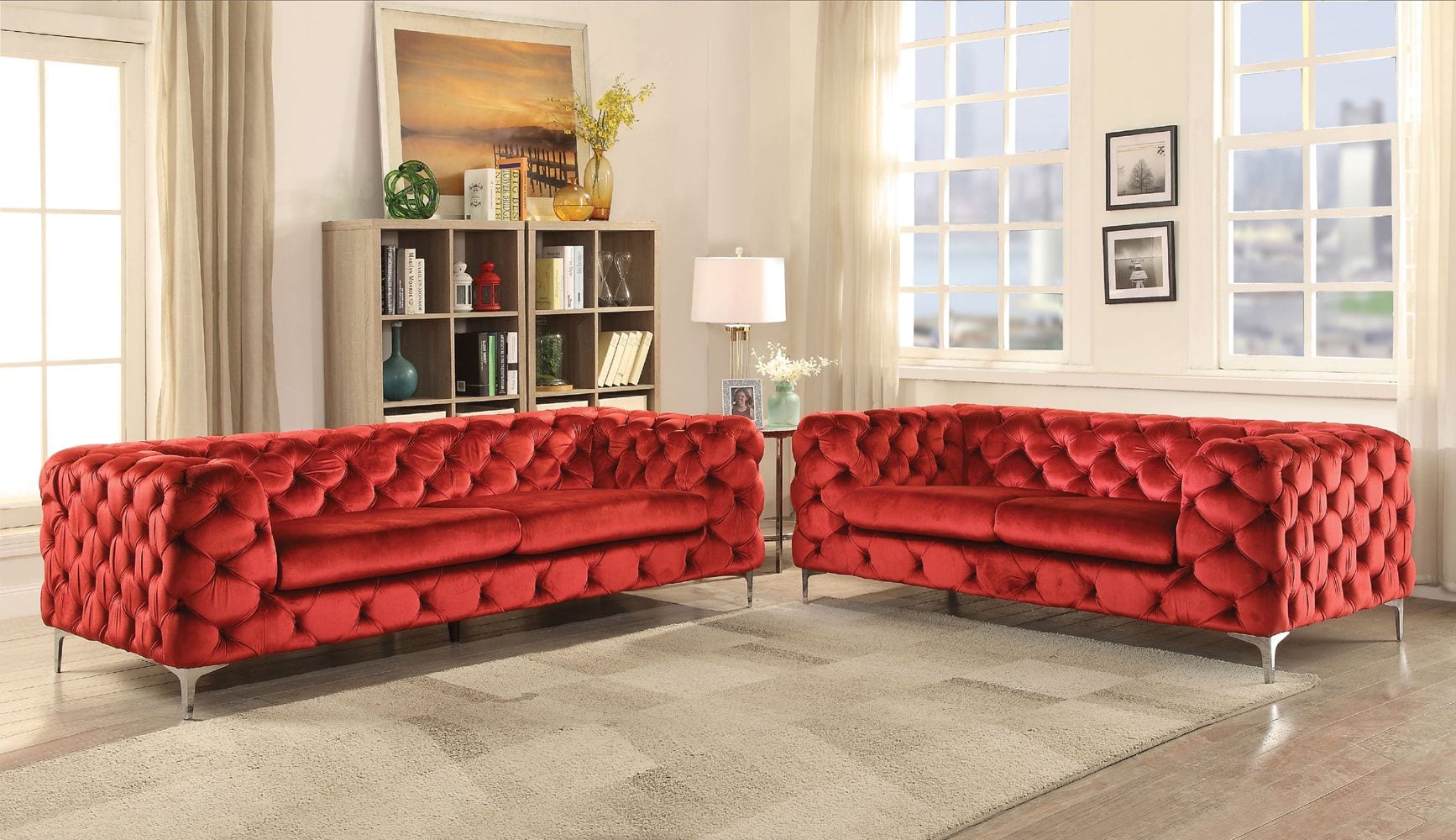 red leather button tufted sofa