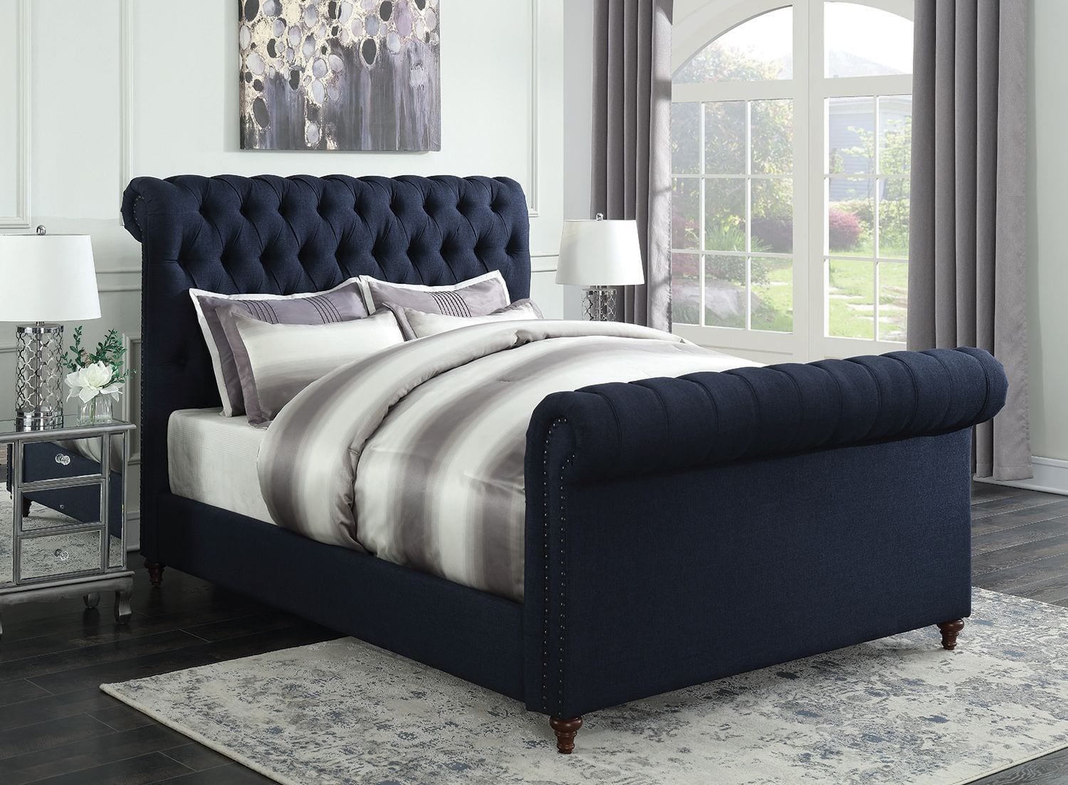 300653F Gresham Navy Blue Fabric Full Upholstered Bed - Luchy Amor