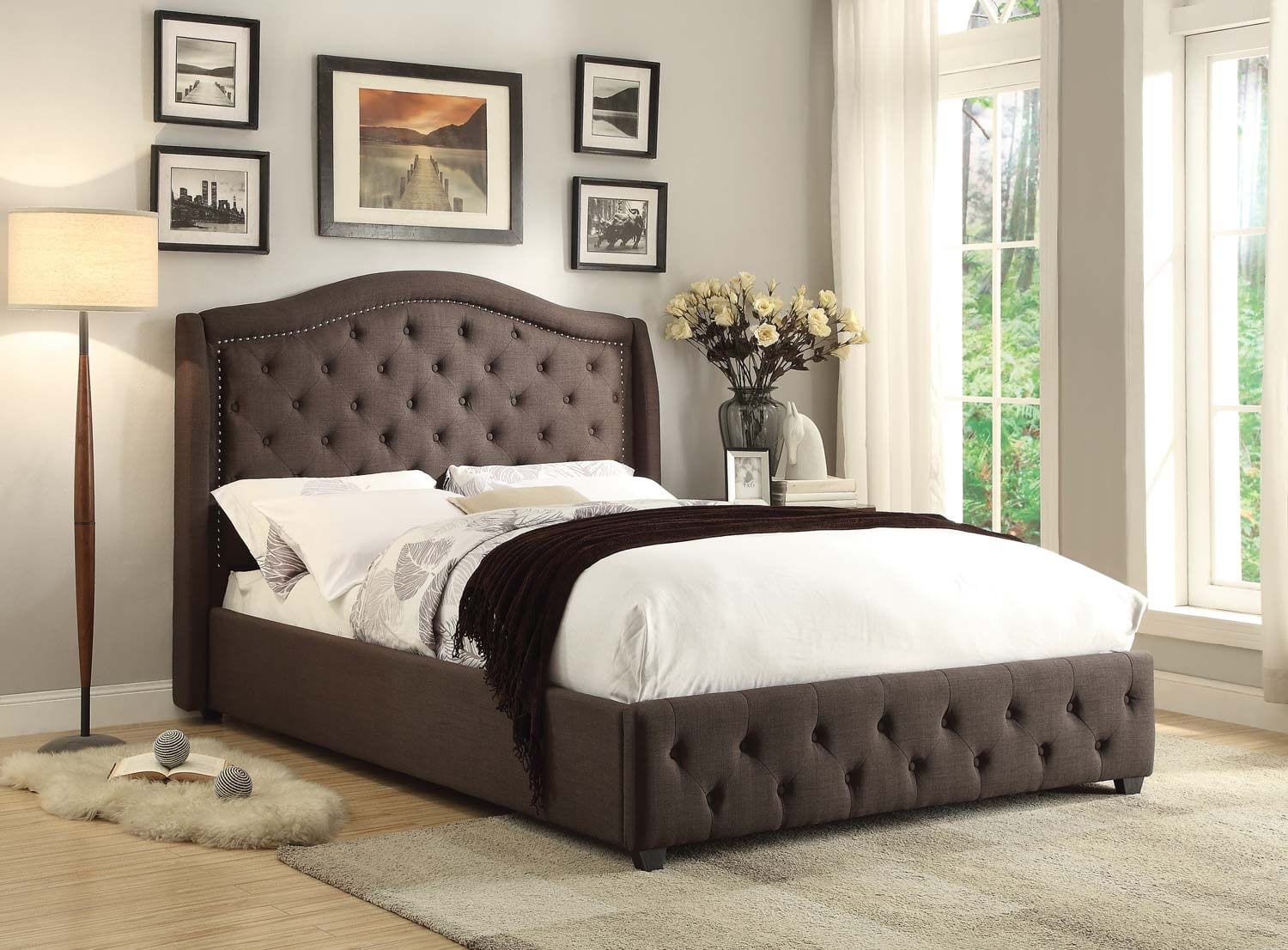 1882N-1 Brown Button Tuft Fabric Wood Queen Bed Nail Head - Luchy Amor ...