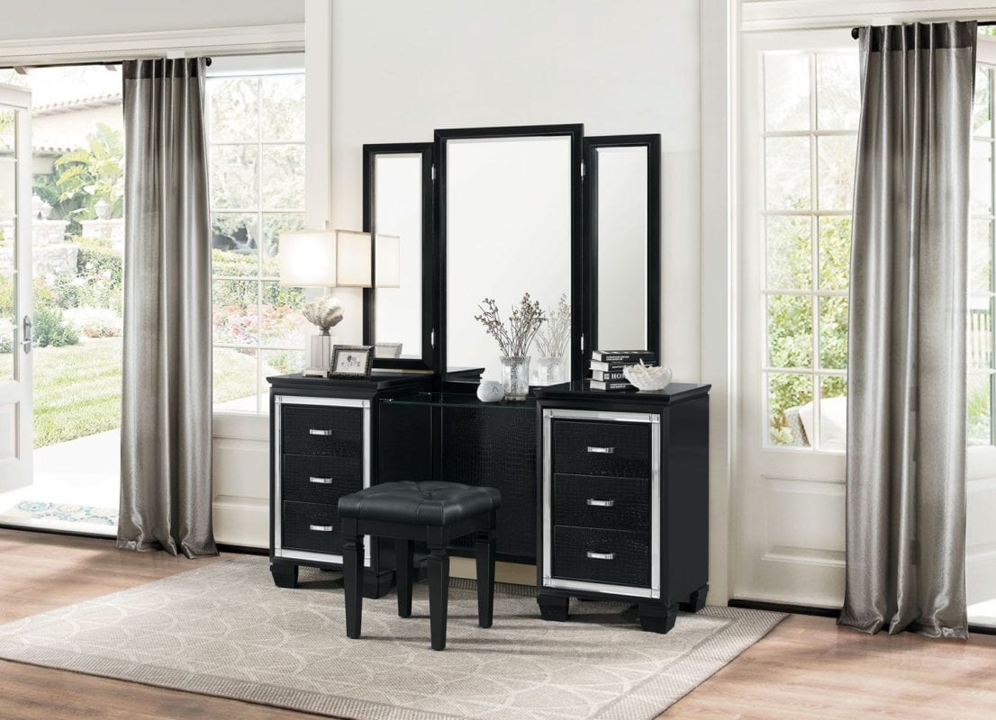 1916BK-15 3PCs Tri-Folding Mirror Black Wood Vanity Table Set - Luchy ...