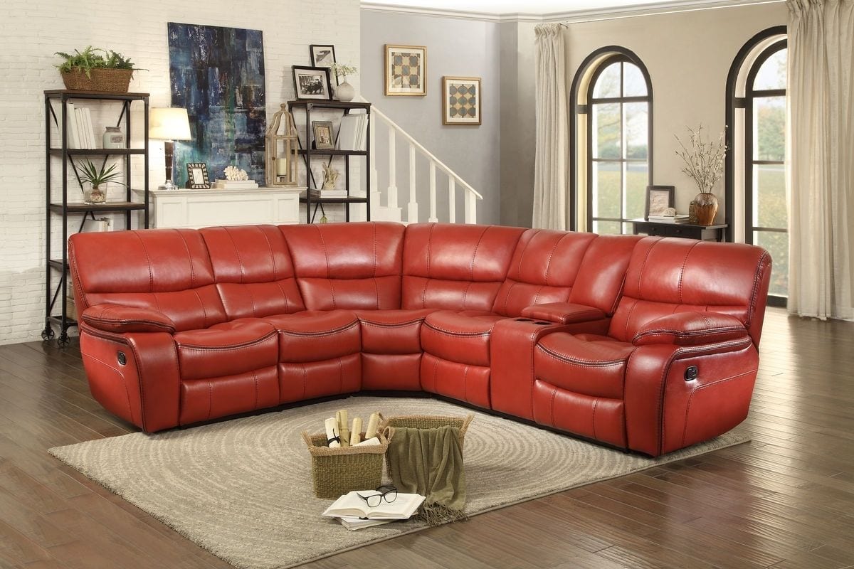 curved tufted red leather sofa