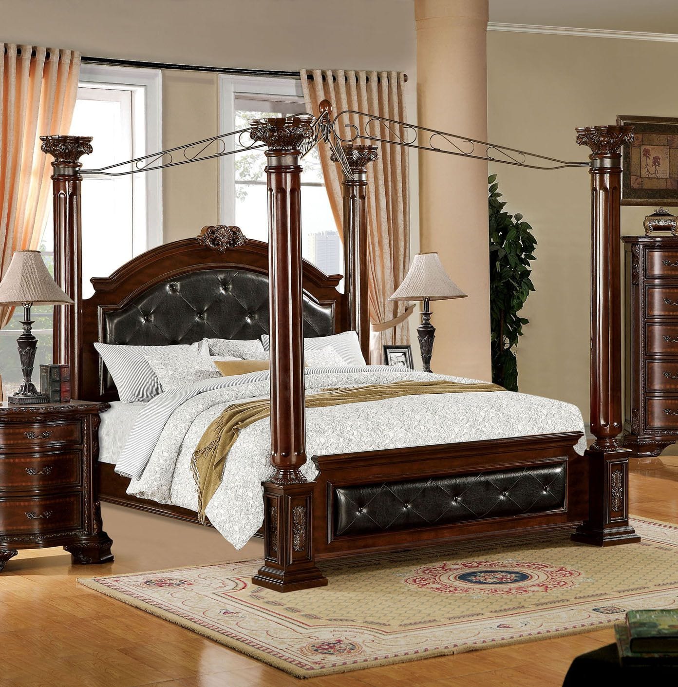 Cm7271q Traditional Brown Cherry Finish Queen Canopy Bed Luchy Amor Furniture