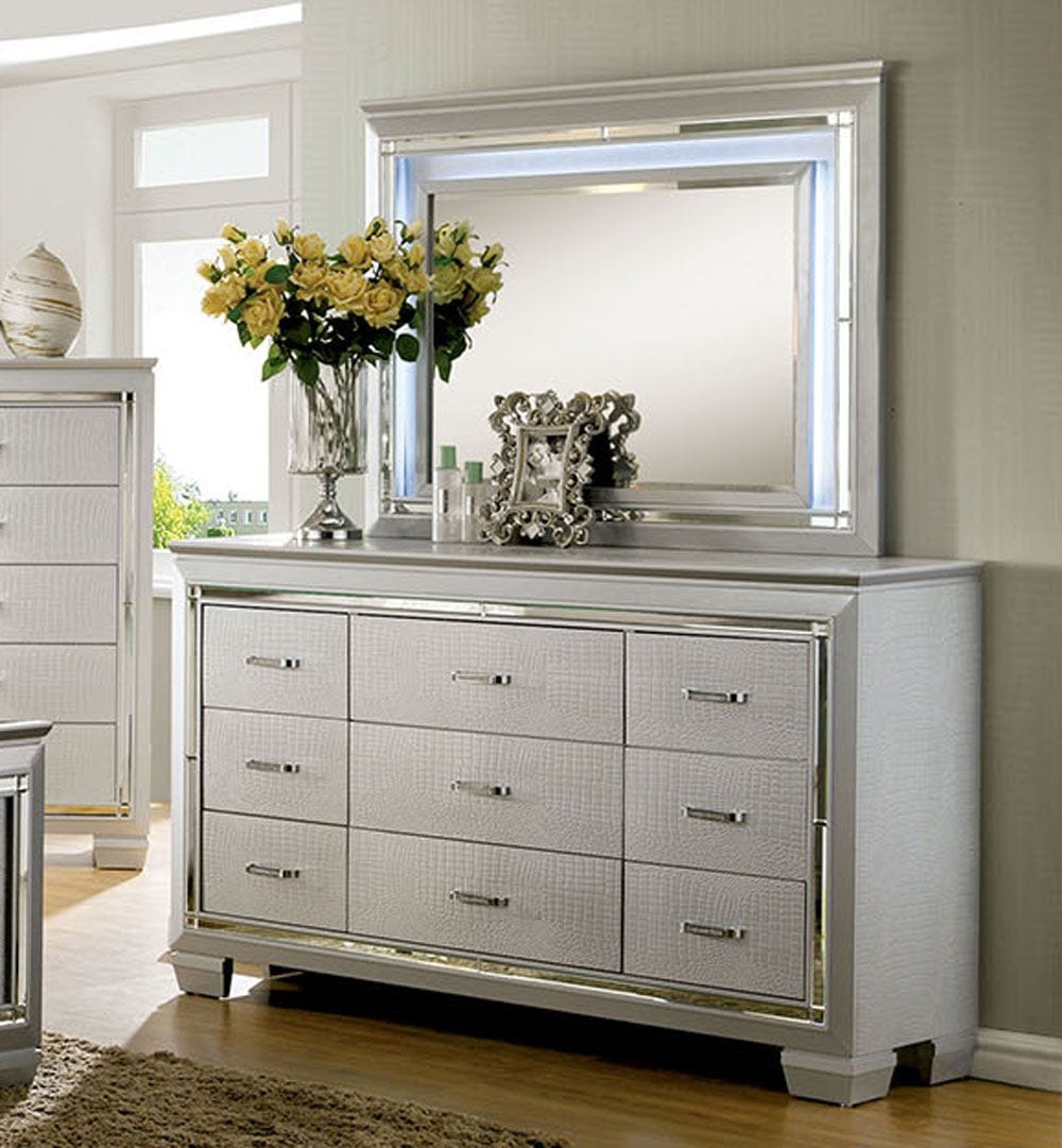 Cm7979sv D Contemporary Silver Dresser And Mirror Set Luchy Amor Furniture