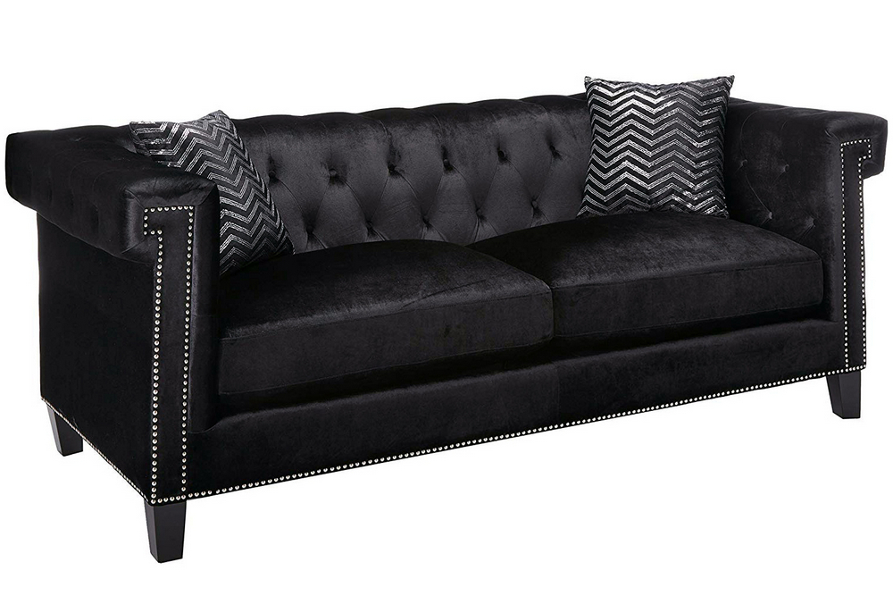 505817S3 Reventlow 3Pc Black Velvet Sofa Set with Accent Pillows Luchy Amor Furniture