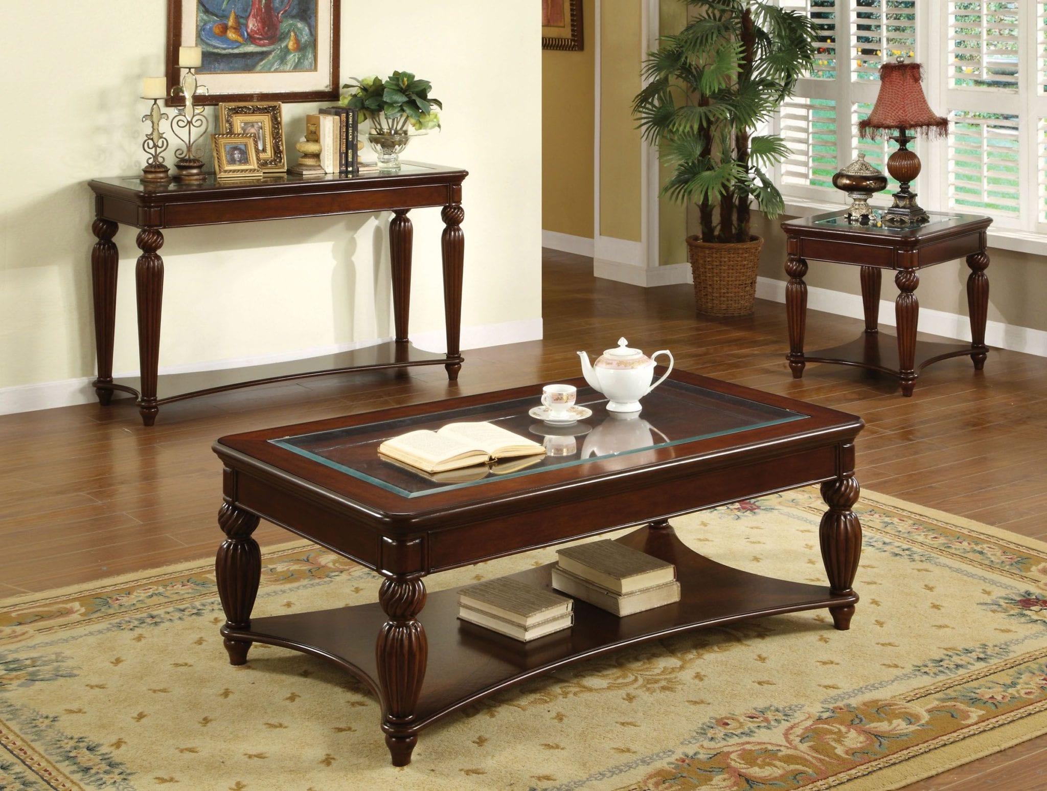 CM4390C Windsor 3 Pc Dark Cherry Coffee Table Set - Luchy Amor Furniture