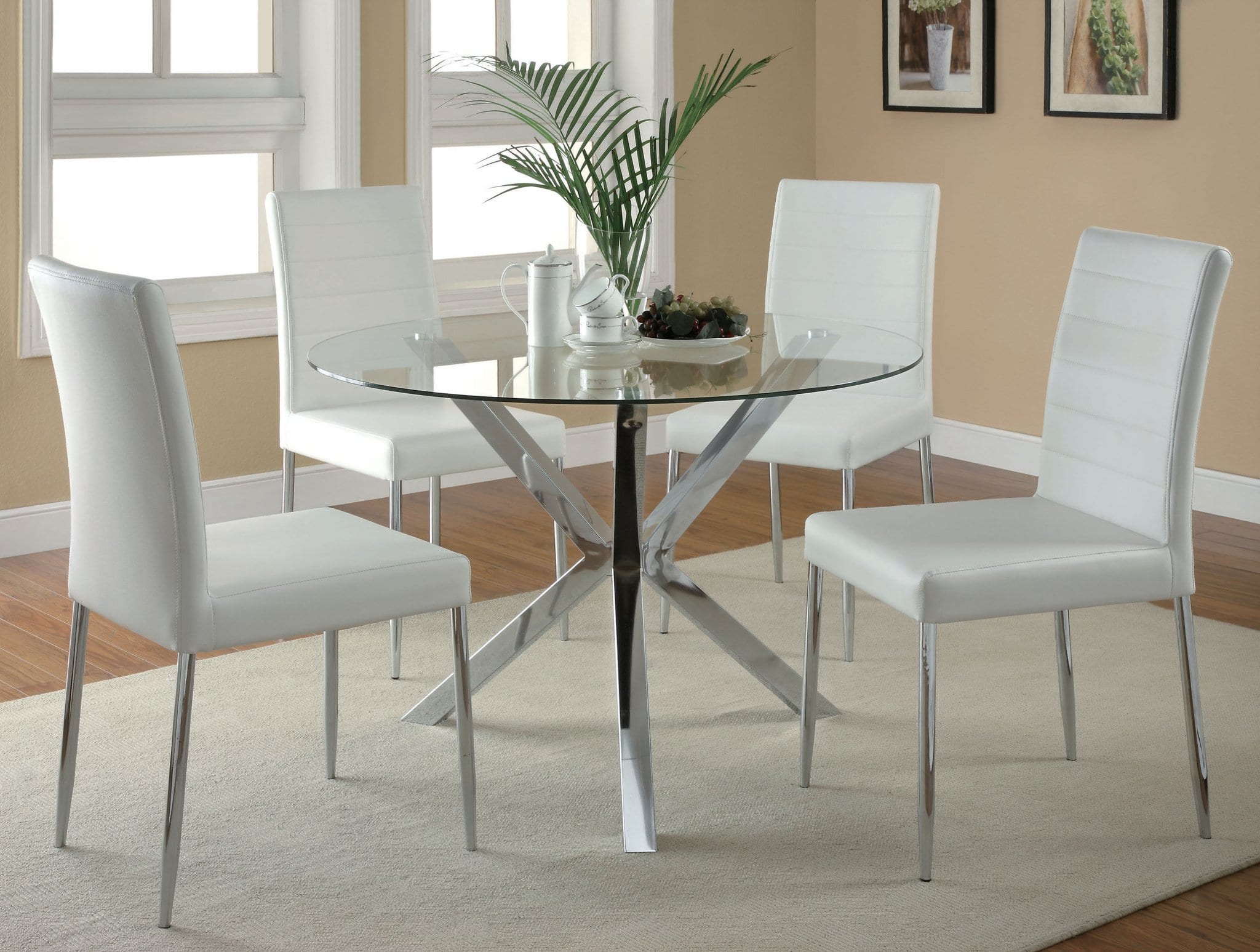 120760 Contemporary 5 PC Glass Top Table and White Chair Set Luchy