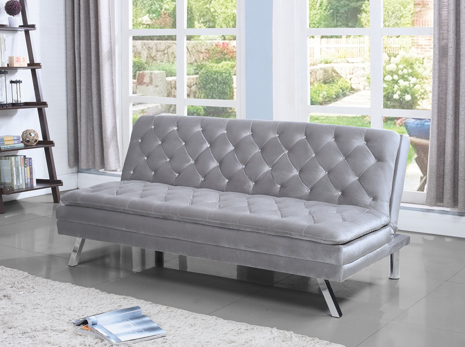 360019 Silver Velvet Metal leg Sofa Bed - Luchy Amor Furniture