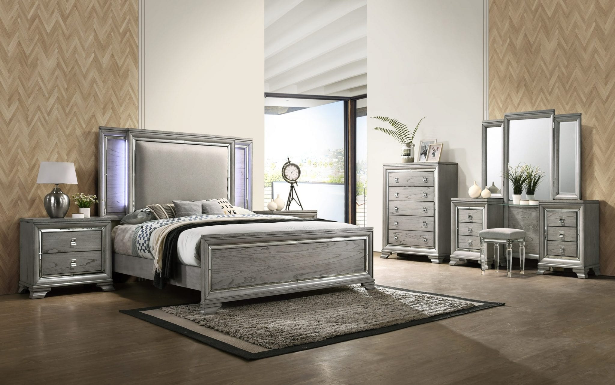 B474-Q Veneer Light Grey 5 Piece Queen Bedroom Set - Luchy Amor Furniture